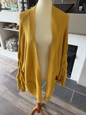 Mustard Bubble-Sleeve Open Cardigan Sweater - Women